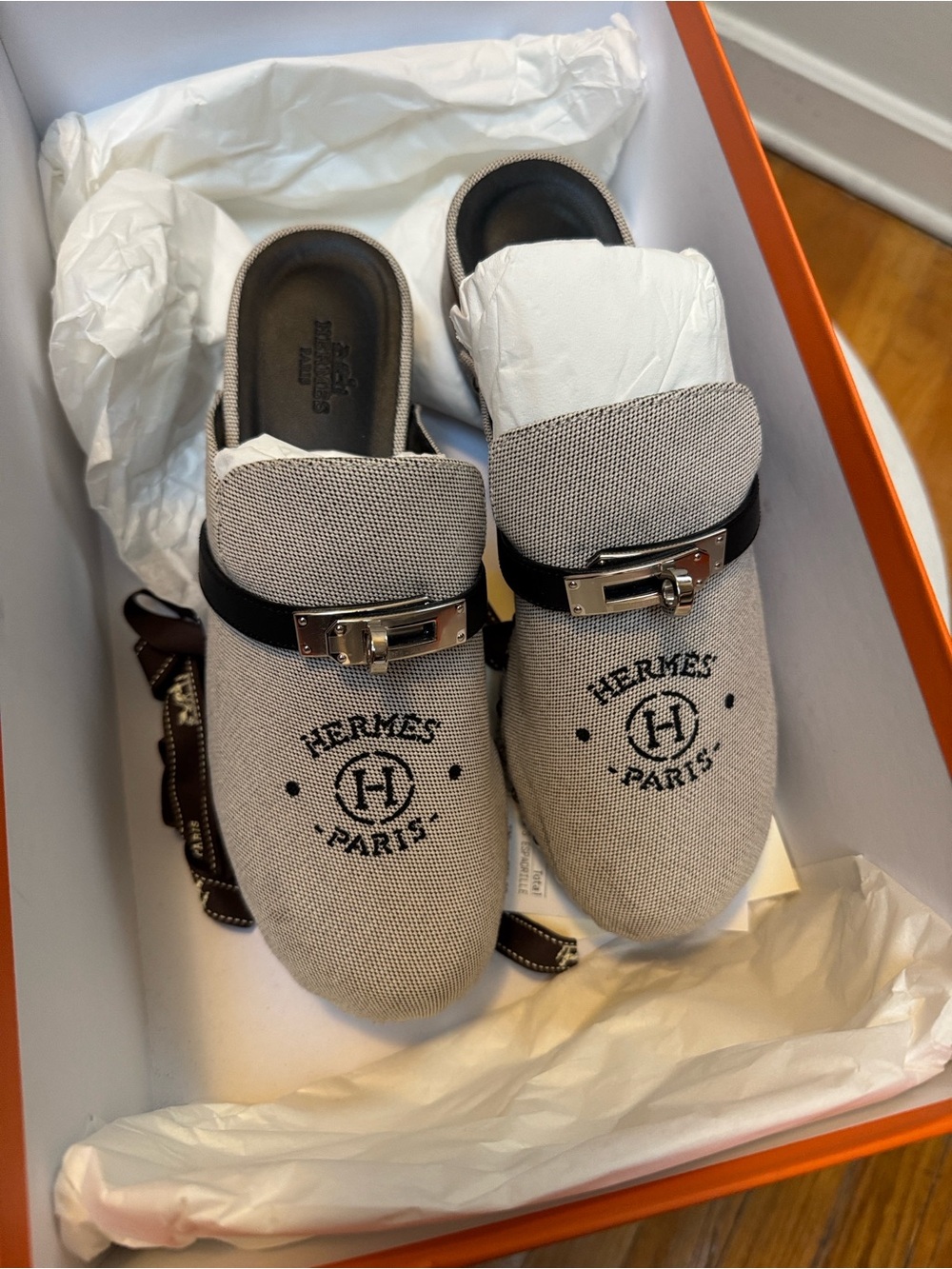 Hermes Beige Canvas Logo Clogs with Black Strap & Silver Buckle